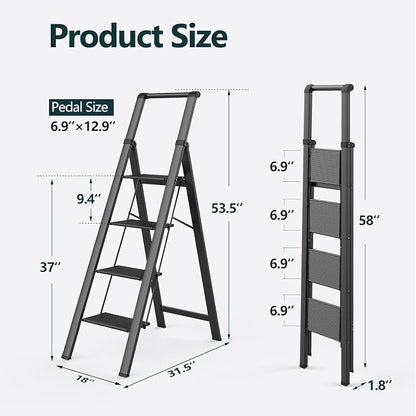 WOA WOA 4 Step Ladder, Ladders for Home, Anti-Slip Aluminum Pedals, Step Stool Foldable, Lightweight to Move, Ease of Storage, Reach 9ft for Closet Kitchen Library, Hold 300lbs - Black