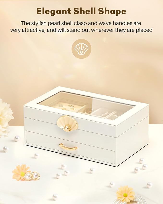 Jewelry Box with 1 Drawers: Display Organizer for Earrings Necklaces - Christmas Gifts for Girls Women (White)