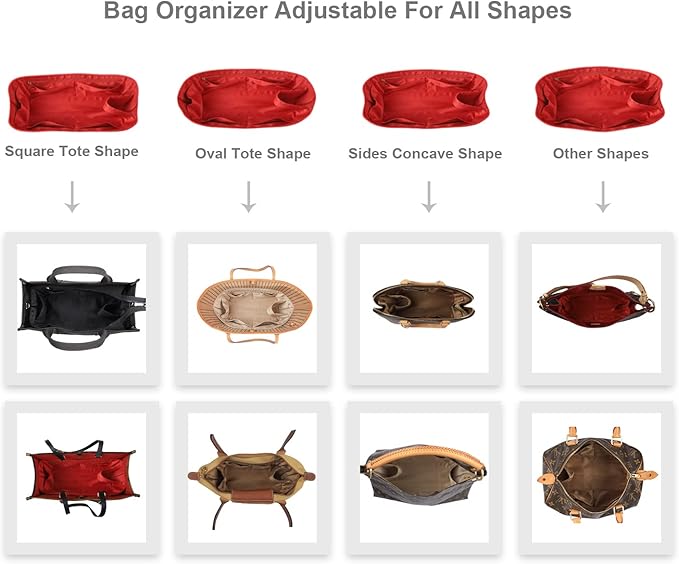 ZTUJO Purse Organizer Insert For Handbags, Silk Purse Organizer with Zipper, Silky Smooth, Bag Organizer For Speedy Neverfull Tote,onthego,Artsy, 6 Sizes(Slender Medium, Silky Red)
