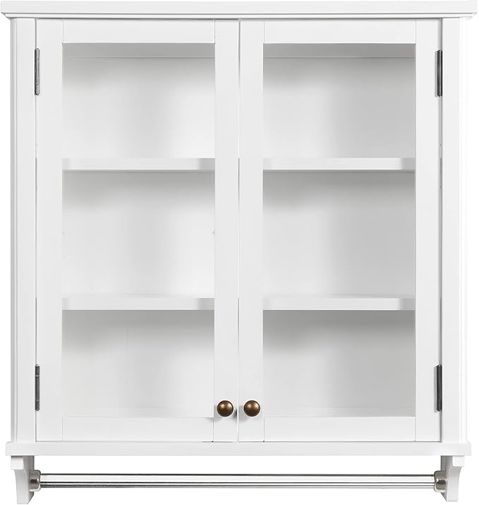 Dorset 27 in. W x 29 in. H Wall Mounted Bathroom Storage Cabinet with Organizing Shelves, Mirror, Towel Rod, and Tempered Glass Doors -Generous Space for Toiletries, Towels, and Supplies-White Finish