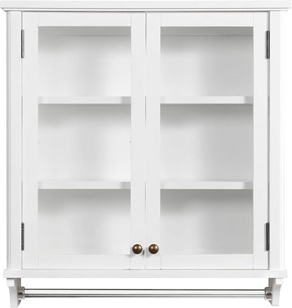Dorset 27 in. W x 29 in. H Wall Mounted Bathroom Storage Cabinet with Organizing Shelves, Mirror, Towel Rod, and Tempered Glass Doors -Generous Space for Toiletries, Towels, and Supplies-White Finish