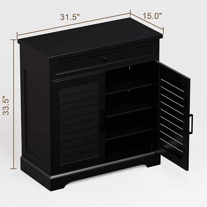 ChooChoo Shoe Cabinet with Doors, 4-Tier Shoe Storage Cabinet with Drawer and Shelves, Wooden Shoe Rack Organizer for Entryway, Hallway, Closet, Black