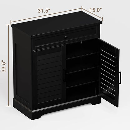 ChooChoo Shoe Cabinet with Doors, 4-Tier Shoe Storage Cabinet with Drawer and Shelves, Wooden Shoe Rack Organizer for Entryway, Hallway, Closet, Black