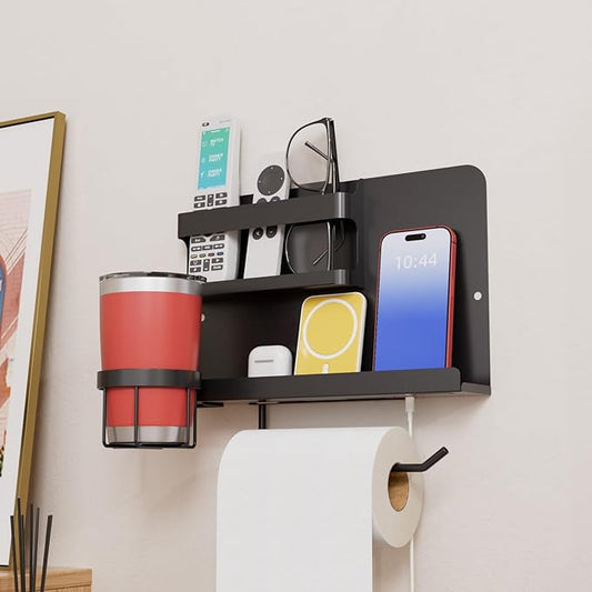 Bedside Shelf for Bed, Metal Floating Nightstand Wall Organizer, No Drill Dorm Room Essentials, Heavy Duty Caddy with Cup Holder & Charging Station for Bunk Bed, Loft, Remote - Matte Black