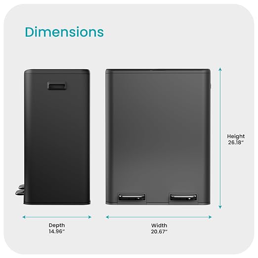 Home Zone Living 16 Gallon Kitchen Trash Can with Dual Compartments for Recycling, Stainless Steel, Matte Black, 60 Liters Total