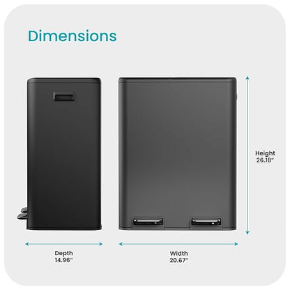 Home Zone Living 16 Gallon Kitchen Trash Can with Dual Compartments for Recycling, Stainless Steel, Matte Black, 60 Liters Total