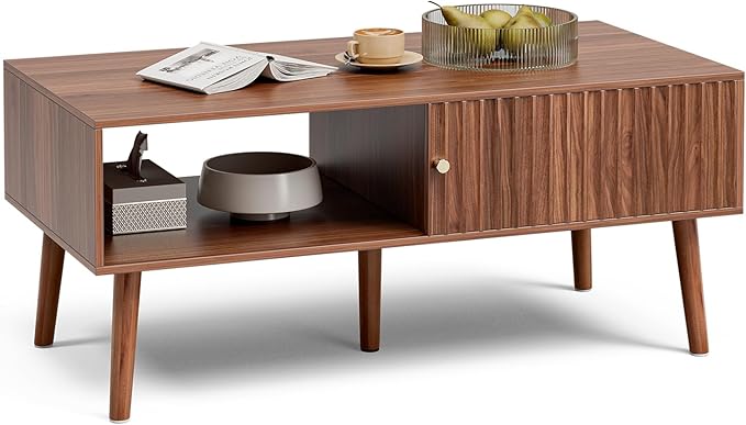 LCRBOL Coffee Table with Storage, Mid Century Dining Table with Sliding Fluted Door and Solid Wood Legs, Small Coffee Tables for Living Room, Walnut