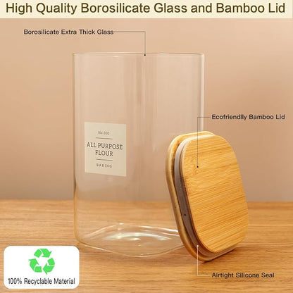 HHMJSM Large glass flour and sugar containers with 132 Kitchen Pantry Labels - 138 FL OZ Glass Food Storage Containers with Airtight Lids - Square Glass Jars Rice with Bamboo Lids