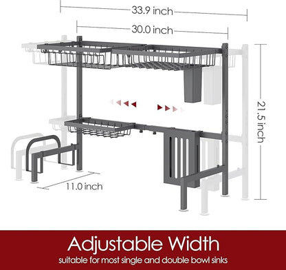 Sakugi Over The Sink Dish Drying Rack - Adjustable 2 Tier Large Capacity Stainless Steel Drainer with Cutlery & Utensil Holders, Kitchen Storage & Organization, 30"-33.9" L x 11" W x 21.5" H, Gray