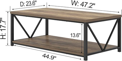FOLUBAN Modern Coffee Table, Living Room Center Table with Storage, Wood and Metal Cocktail Table, Rustic Oak, 47 Inch