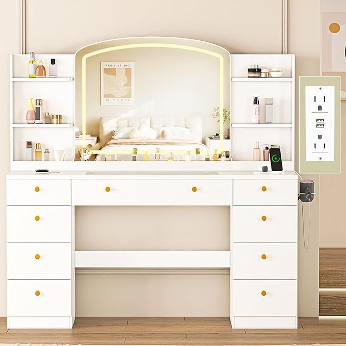 55" Vanity Desk with Mirror and Lights, Makeup Vanity with Power Outlet, White Vanity with 9 Drawers & 6 Storage Shelves for Bedroom