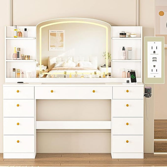 55" Vanity Desk with Mirror and Lights, Makeup Vanity with Power Outlet, White Vanity with 9 Drawers & 6 Storage Shelves for Bedroom