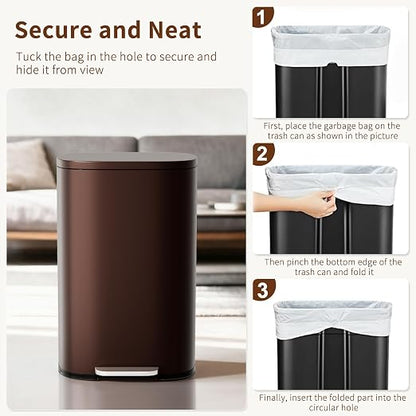 PayLessHere Stainless Steel Trash Can with Lid - Removable Inner Bucket, Foot Pedal Soft Close for Office, Home, Kitchen Garbage Bin (Brown, 13 G)