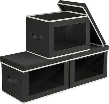 Homsorout Storage Boxes with Lids - 3 Pack Fabric Clear Window Storage Bins, Collapsible Storage Bins with Lids, Linen Closet Organizer for Clothes, Towel, Blanket, Black