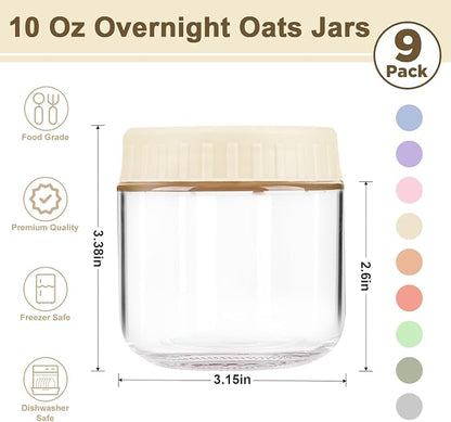 Overnight Oats Containers with Lids, 10oz Wide Mouth Mason Jars with Lids, 9 Pack Glass Jars with Airtight lid for Chia Pudding Yogurt Salad, Meal Prer Oatmeal Jars, Yellow