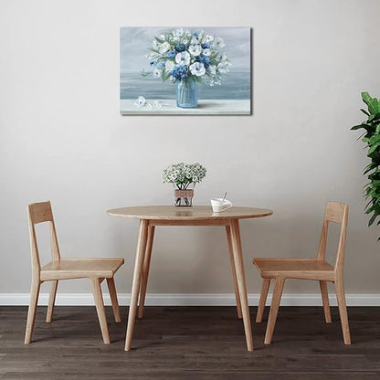 Vintage Blue White Blossom Retro Flowers in Vase Canvas Painting - Ocean Seagull Background Artwork Prints for Bathroom Bedroom Wall Decor - 24" X 16