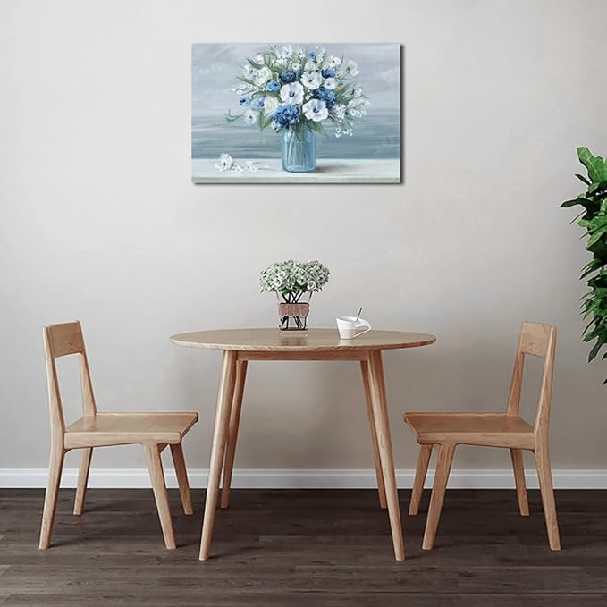 arteWOODS Vintage Flowers Canvas Wall Art Blue White Blossom Painting Retro Flowers in Vase Pictures Blue Ocean Background Artwork Prints for Bathroom Bedroom Wall Decor Ready to Hang 36 X 24in