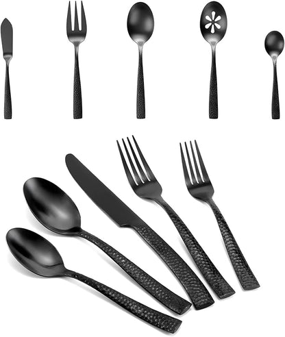 Kelenfer Silverware 45-Piece Matte Black Hammered Flatware Set with Serving Utensils, Stainless Steel Thick Handle Matte Polished Cutlery Set for Wedding Hotel Restaurant, Service for 8