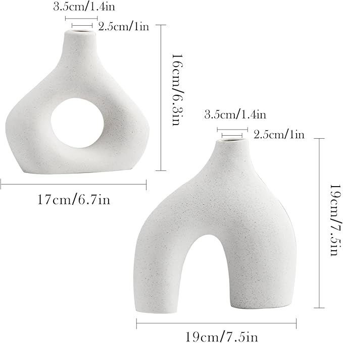 White Ceramic Vase Set of 2 for Modern Home Decor, Round Matte Donut Vases for Pampas Grass, Neutral Boho Nordic Minimalism Style Flower Vases for Living Room Wedding Table Party Office Bedroom