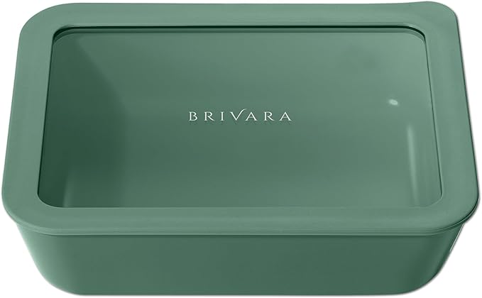 BRIVARA HOME Ceramic Coated Glass Food Storage Container | No PTFE, PFOA, PFAS, and BPA | Reusable Non Toxic Meal Prep Container with Glass Lid | Easy To Store | 6 Cup Rectangle [Pine]