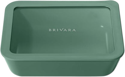 BRIVARA HOME Ceramic Coated Glass Food Storage Container | No PTFE, PFOA, PFAS, and BPA | Reusable Non Toxic Meal Prep Container with Glass Lid | Easy To Store | 6 Cup Rectangle [Pine]
