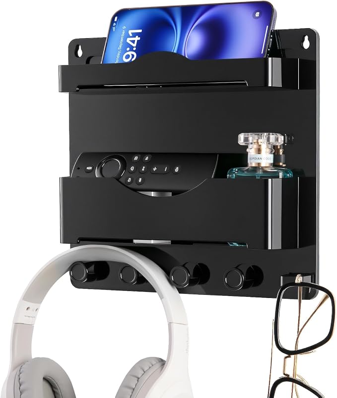 Bedside Wall Shelf with Glasses Hooks ，Adhesive Bedside Organizer Wall Mount for Dorm and Room Accessories Phone，Remote，Earphone， Kindle (Black)