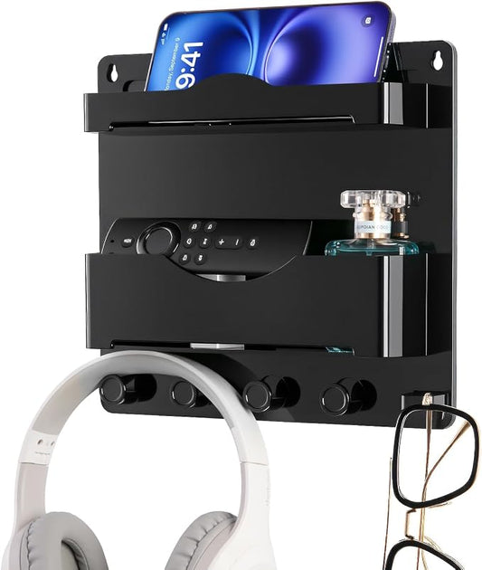 Bedside Wall Shelf with Glasses Hooks ，Adhesive Bedside Organizer Wall Mount for Dorm and Room Accessories Phone，Remote，Earphone， Kindle (Black)