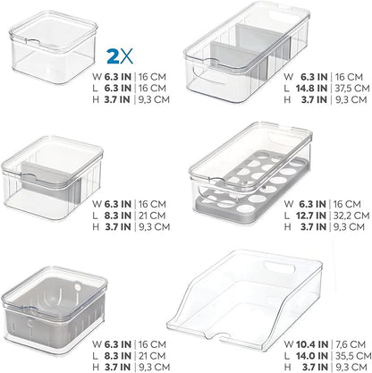 iDesign Crisp 7-Piece Recycled Plastic Refrigerator Organizer Bin Set with Lids, Clear/Gray