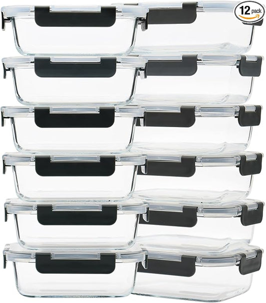 GULFLIN 12 Pack 22oz Glass Meal Prep Containers, Food Storage Containers with Lids, Air-Tight, Leak-Resistant, Freezer to Microwave Safe - Grey Set