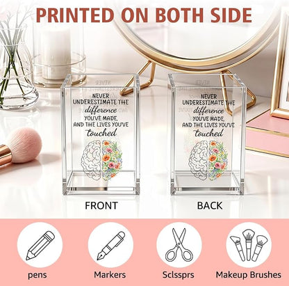Never Underestimate The Difference You’ve Made Acrylic Pencil Holder Cup, Floral Appreciation Gifts for Mental Health Counselor Psychologist Social Worker, Therapist Office Desk Accessories