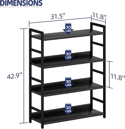 NUMENN 4 Tier Wide Bookshelf for Living Room and Home Office, Black | Bookshelves, Home Office Bookcase Shelf Storage Organizer, Free Standing Storage Shelving Unit for Bedroom