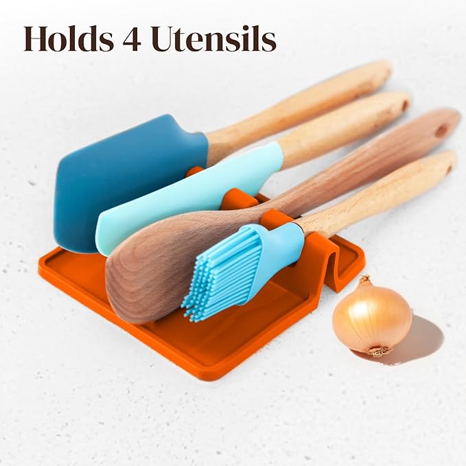 Orange Silicone Spoon Rest for Stove Top with Drip Pad (Two Pack) - Heat Resistant BPA Free Utensil Rest & Spoon Holder for Kitchen Counter - Grill Utensil Chopstick Holder - Spatula Holder