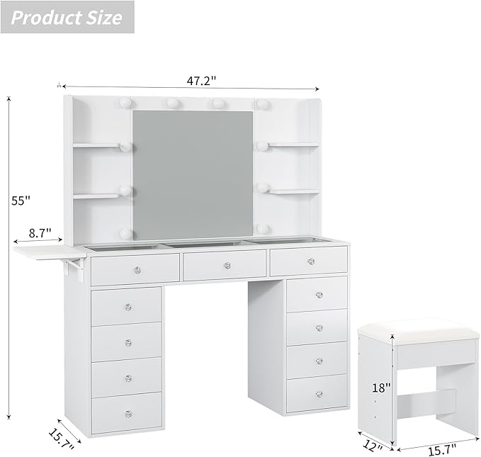 Vanity Desk with Power Outlet, 47'' W Makeup Vanity with Mirror and 12 LED Lights, 11 Drawers & 4 Shelves, 3 Color Lighting Modes, Fold-up Panel, Glass Top Vanity Set for Bedroom