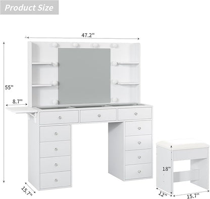 Vanity Desk with Power Outlet, 47'' W Makeup Vanity with Mirror and 12 LED Lights, 11 Drawers & 4 Shelves, 3 Color Lighting Modes, Fold-up Panel, Glass Top Vanity Set for Bedroom