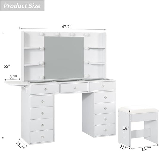 Vanity Desk with Power Outlet, 47'' W Makeup Vanity with Mirror and 12 LED Lights, 11 Drawers & 4 Shelves, 3 Color Lighting Modes, Fold-up Panel, Glass Top Vanity Set for Bedroom