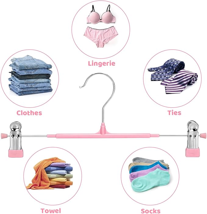 POZEAN Pants Hangers with Clips for Women 50 Pack, 12Inch Adjustable Heavy Duty Skirt Hangers, Space Saving Non-Slip Shorts Jeans Trousers Clothes Hangers, Pink