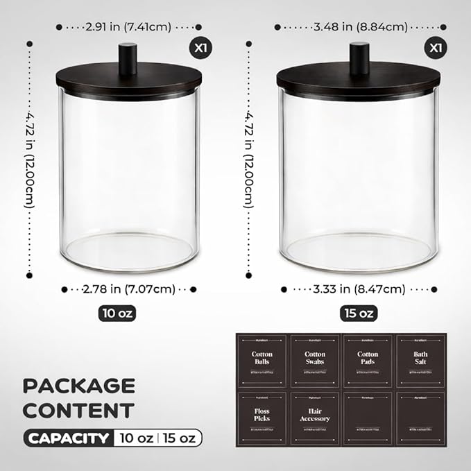 Glass Qtip Holder Dispenser Set - 15oz & 10oz Cotton Swab Holder with Black Wooden Lids, Apothecary Jar Bathroom Storage Canisters for Cotton Balls, Floss Picks, Vanity Organizer Container (2 Pack)