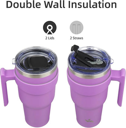 30 oz Tumbler with Handle and 2 Straw 2 Lid, Insulated Water Bottle Stainless Steel Vacuum Cup Reusable Travel Mug,Lavender