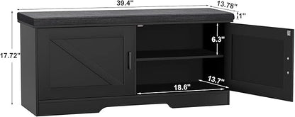 2-Tier Storage Bench, 39.4" Wide Shoe Bench with Padded Seat Cushion, Entryway Bench with 2 Barn Doors and Adjustable Shelf, Black