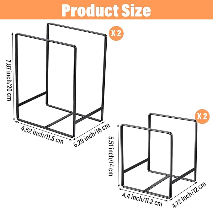 4 Pieces Plate Organizer for Kitchen Cabinet, Metal Dish Organizers Upright Dish Racks Plate and Bowl Storage Organizer for Pots Pans Cutting Boards (Black, 2 Sizes)