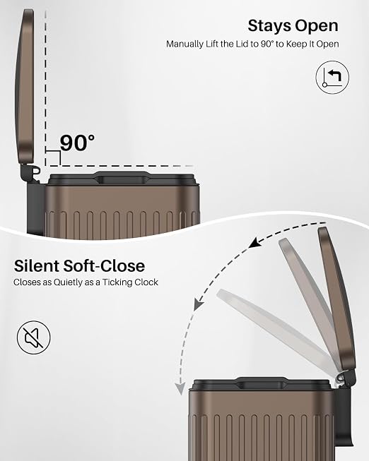 Lovewind 60 Liter/ 16 Gallon Stainless Steel Trash Can with Soft-Close Lid, Large Footstep Garbage Can with Roman Texture, Removable Inner Buckets, Recycling Bin for Kitchen Office, Brown