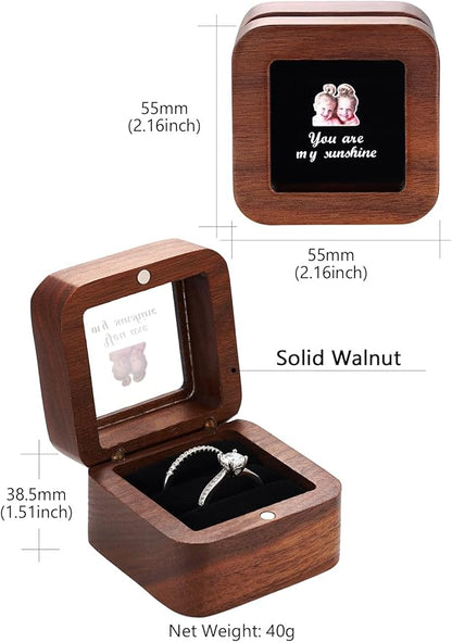 Custom4U Wooden Ring Box 2 Slots with Photo Personalized Vintage Square Wedding Holder for Proposal Custom Ring Bearer for Ceremony Jewelry Gift
