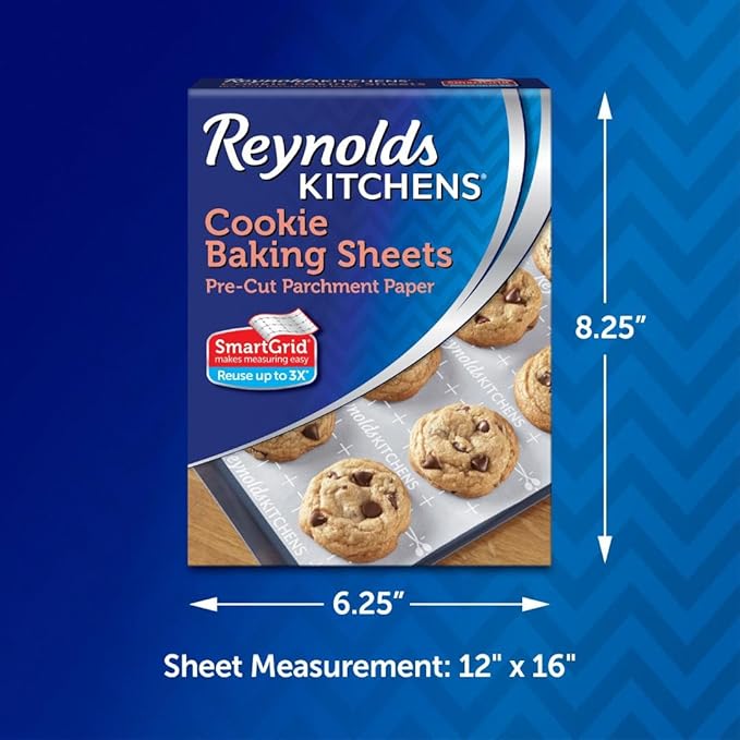 Reynolds Kitchens Cookie Baking Sheets, Pre-Cut Baking Parchment Paper Sheets for Cookies, Oven-Safe up to 425 Degrees, Reusable Up to 3X, No-Mess Cleanup, 12 in x 16 in, 22 Count (Pack of 2)