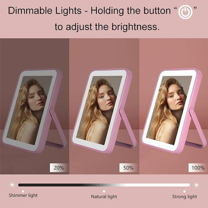 YEKKOPT Pink Rechargeable Vanity Mirror with Lights, 10"×7" LED Makeup Mirror with Lights, Smart Touch Control Dimmable 3 Modes Light, Lighted Up Mirror for Makeup Desk, Bedroom, Dressing Room