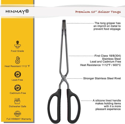 HINMAY 10" Stainless Steel Scissor Tongs with Comfort-Grip Handle (Black)
