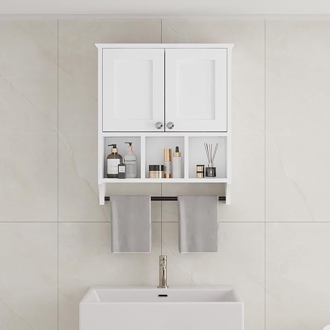 Over-The-Toilet Bathroom Storage Cabinet with Towel Bar, Space-Saving Wall Mounted Medicine Cabinet , 2 Doors & 1 Adjustable Shelf, Easy Install White Finish for Bathroom, Kitchen, Living Room