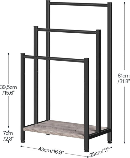 HOOBRO Free Standing Towel Rack, 3 Tier Blanket Rack, Blanket Holder for Bathroom, 16.9" L x 11" W x 31.9" H, Industrial Metal Drying and Display Rack with Shelf, Greige and Black BG03LB01