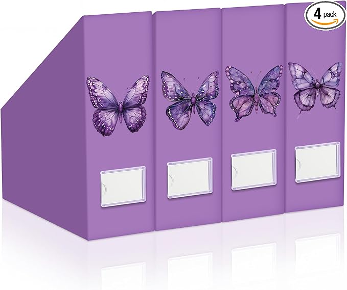 AmazingSpark Set of 4 Purple Butterfly Magazine Holder Decorative Foldable Magazine Storage Boxes with Acrylic Label Holders Coquettish Boho Organizer for Office Home Organization Storage