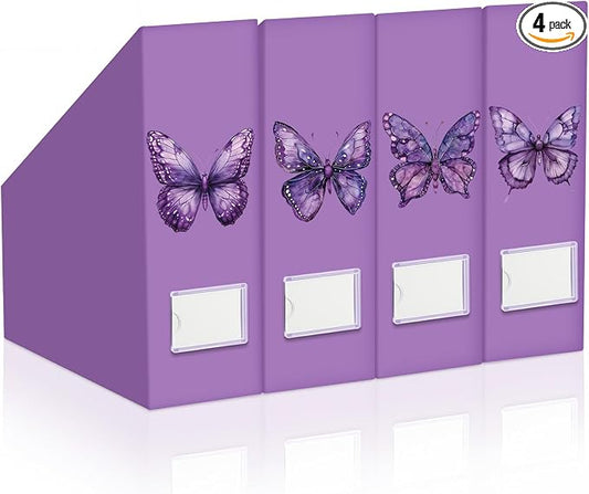 AmazingSpark Set of 4 Purple Butterfly Magazine Holder Decorative Foldable Magazine Storage Boxes with Acrylic Label Holders Coquettish Boho Organizer for Office Home Organization Storage