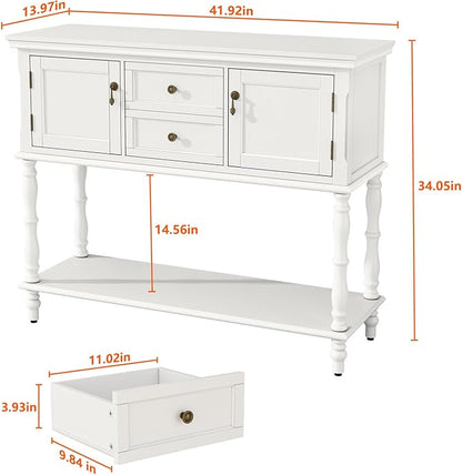 ARTPOWER Console Table with 2 Drawers, Retro Entryway Table with 2 Door Cabinets and Open Storage Shelf, Narrow Long Behind Couch Sofa Table for Living Room, Foyer, Hallway, White